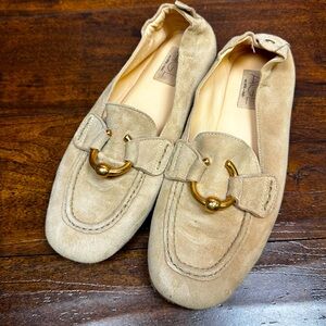 AGL tan suede moccasin slip on shoe with bronze hardware size 9.5 or 39.5